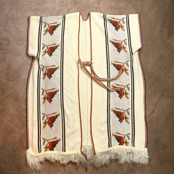 Vintage 70s Western Bird Fringe Open Front Poncho Cardigan Short Sleeve Knit - Picture 1 of 9
